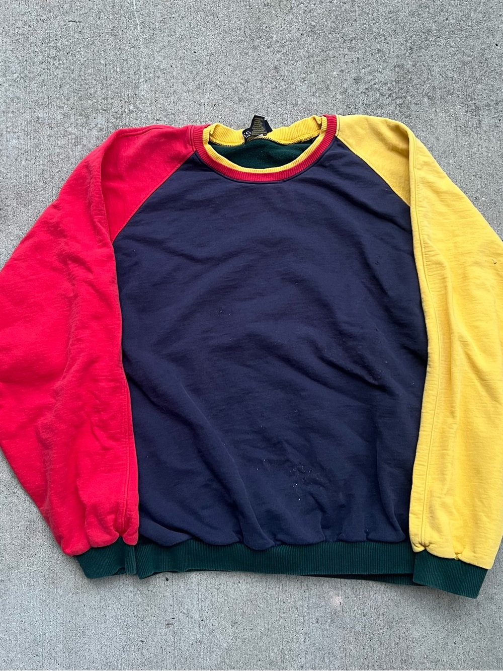 Colorblock Crewneck Sweater - Navy Body with Red & Yellow Sleeves